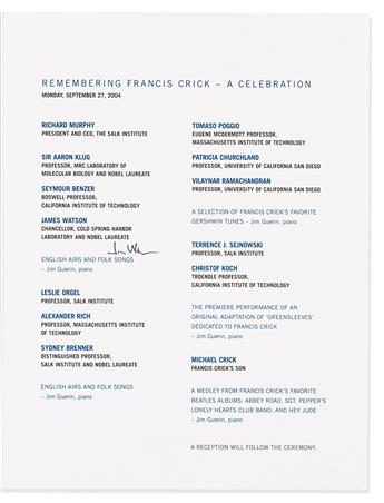 (SCIENTISTS.) WATSON, JAMES. Two items, each Signed: Remembering Francis Crick, commemorative booklet * Program for "Remembering Franci